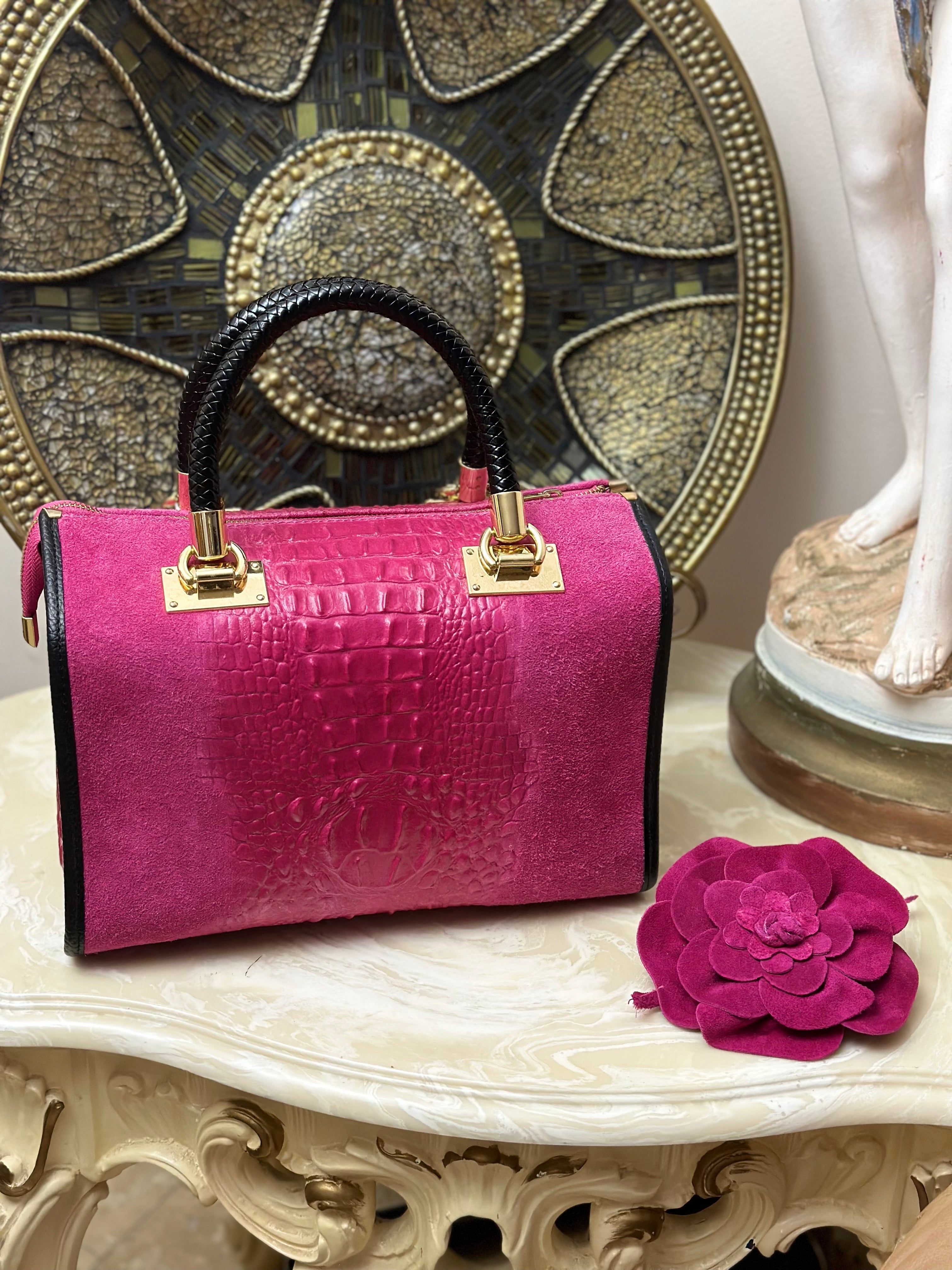 Suede Croc Emboss Italian Leather Handbag Valorie Di Mare