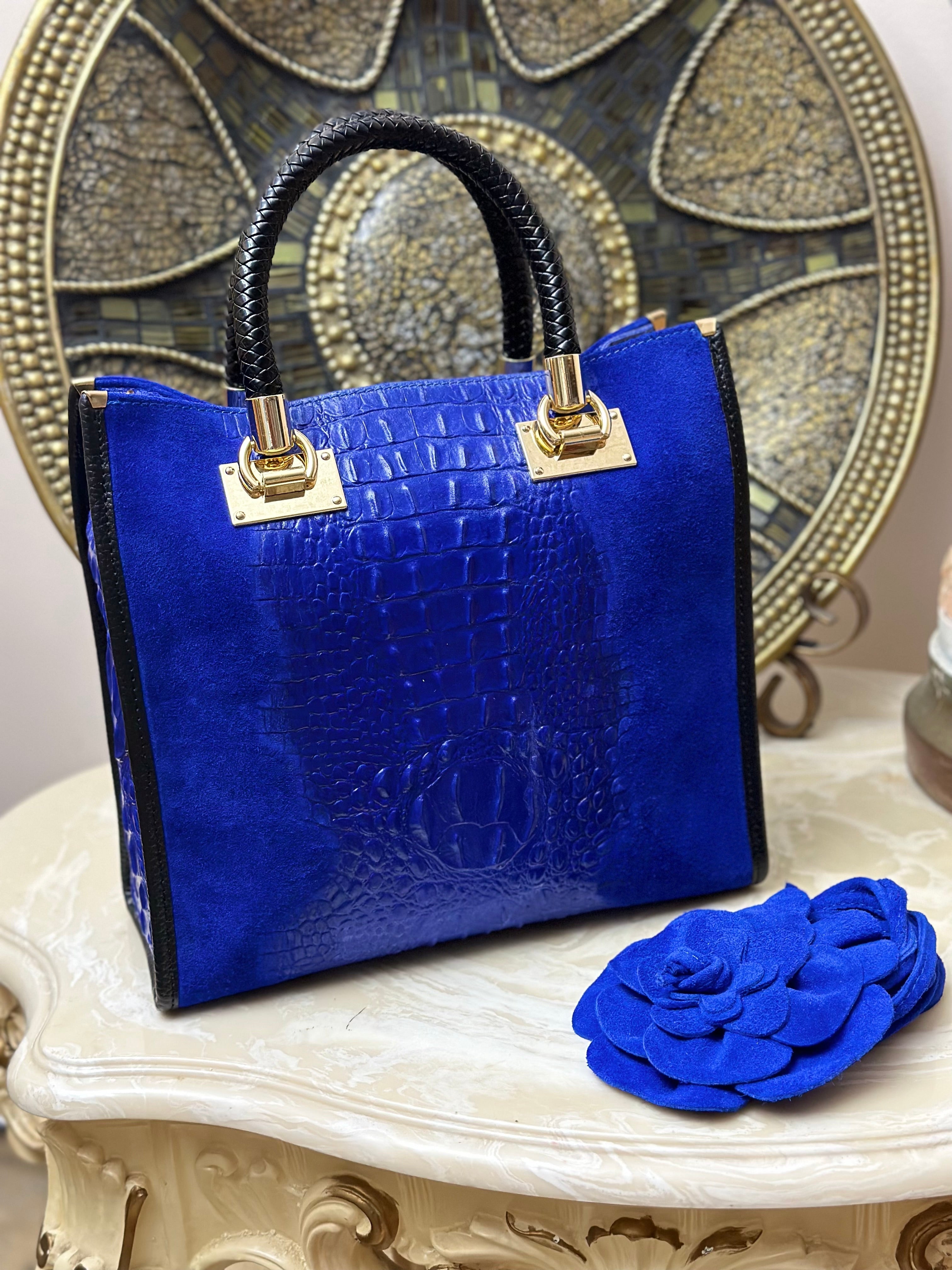 Suede Croc Emboss Italian Leather Handbag Valorie Di Mare