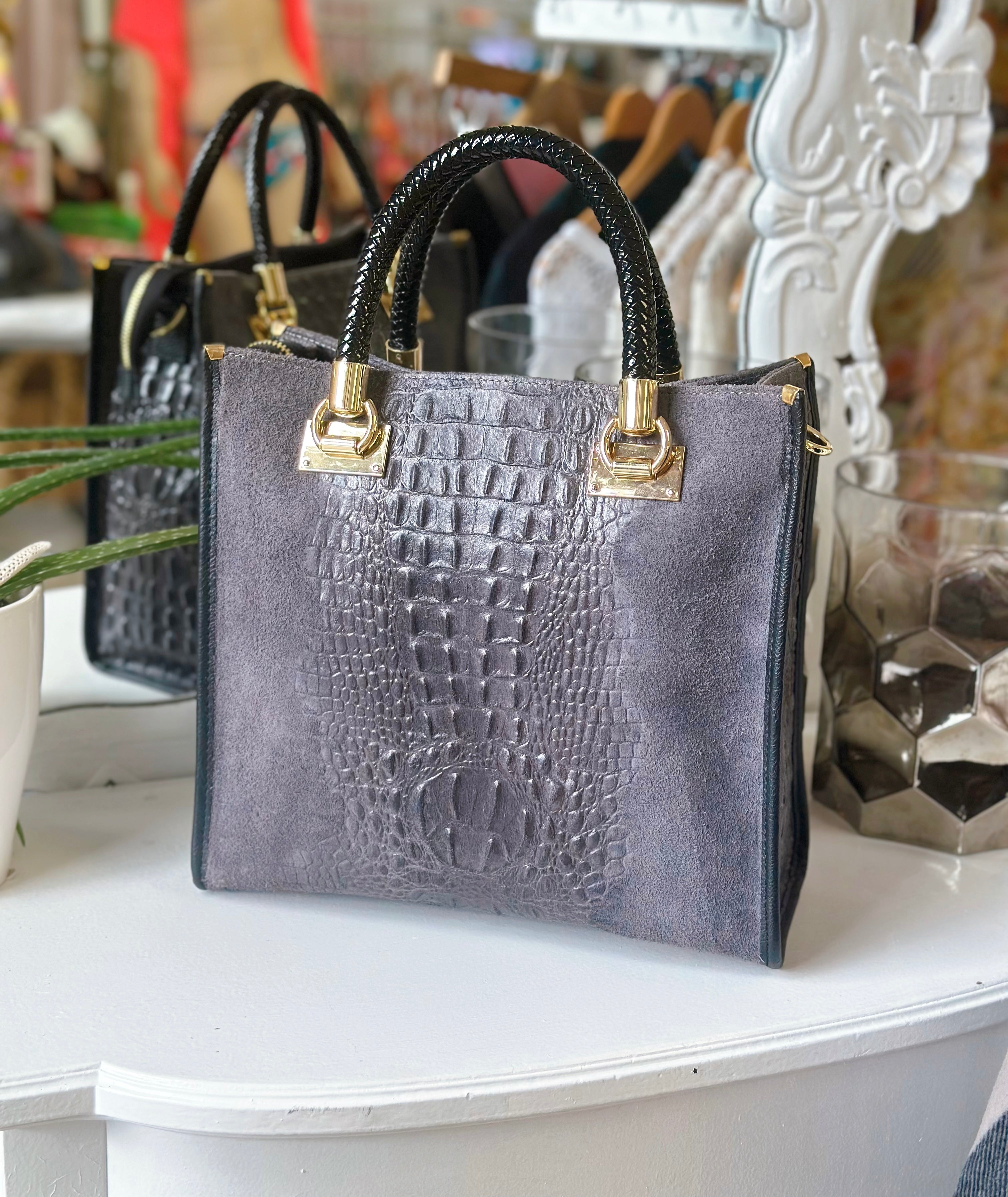 Suede Croc Emboss Italian Leather Handbag Valorie Di Mare