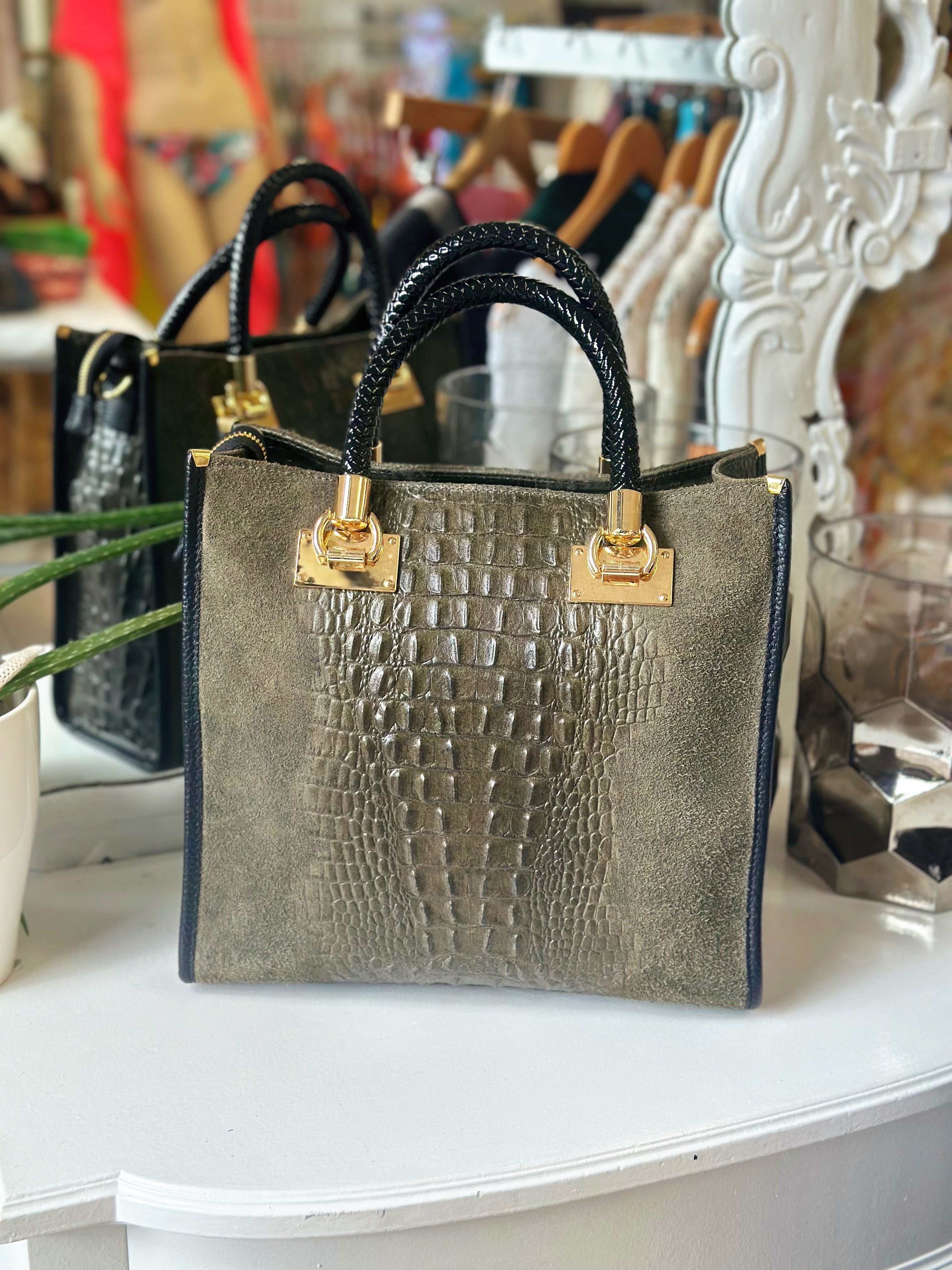 Suede Croc Emboss Italian Leather Handbag Valorie Di Mare