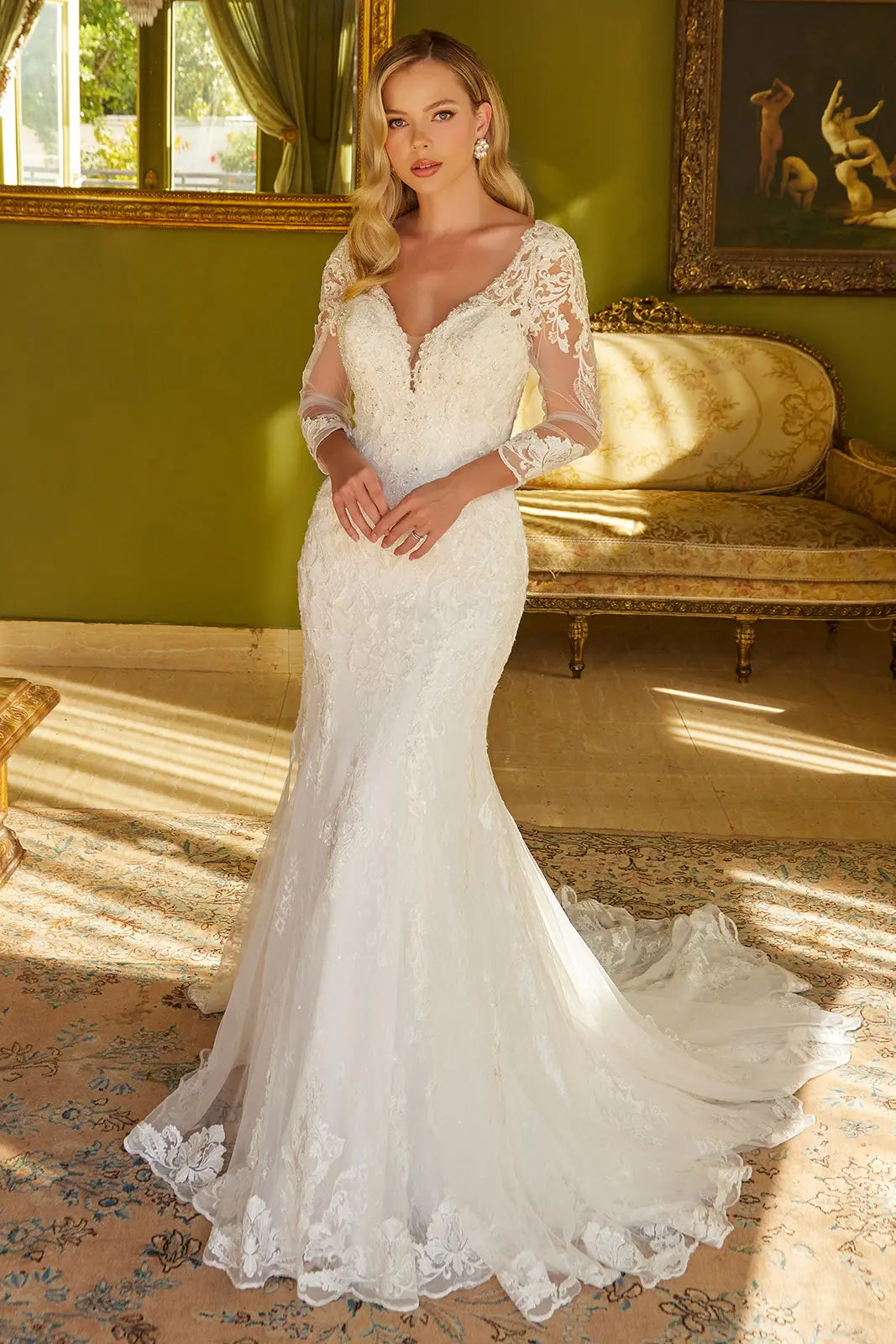 Wedding Dress Trumpet Silhouette 3/4 Sleeves Tux-USA