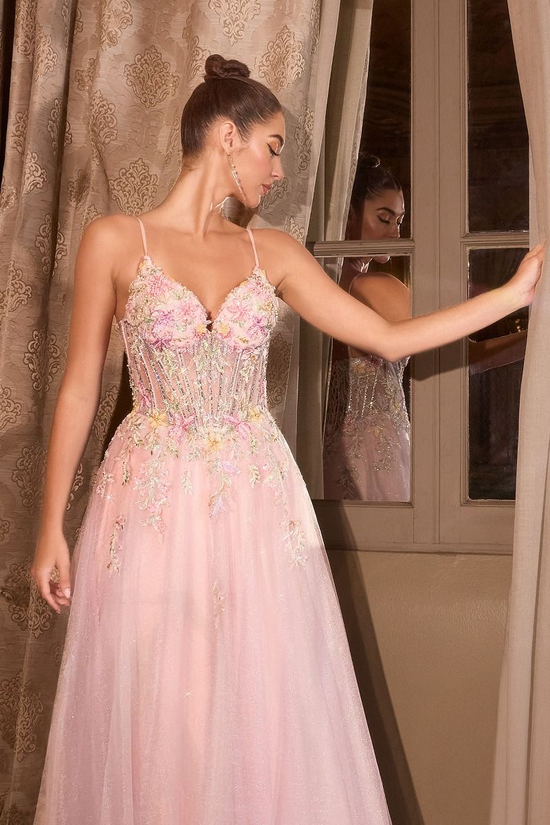 Floral Appliqué V-Neck Glitter Tulle Ball Gown Tux-USA