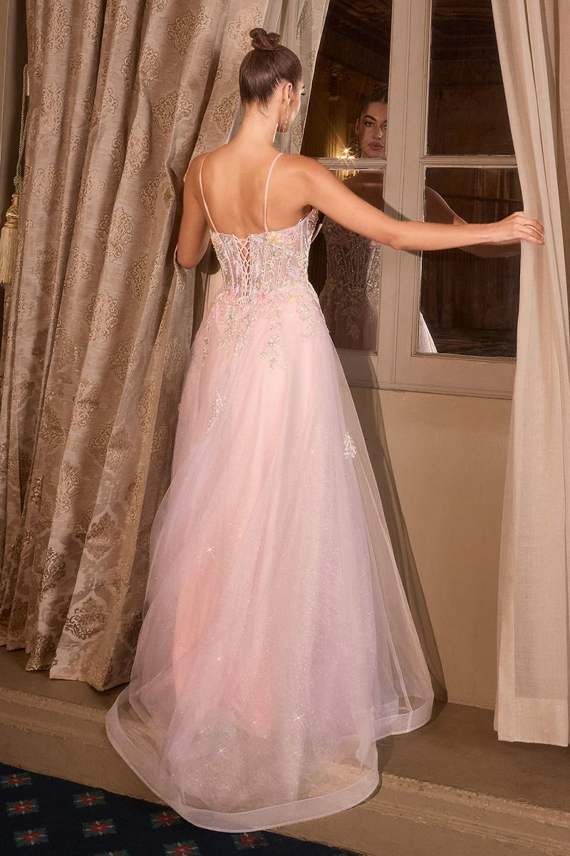 Floral Appliqué V-Neck Glitter Tulle Ball Gown Tux-USA