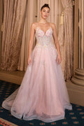 Floral Appliqué V-Neck Glitter Tulle Ball Gown Tux-USA