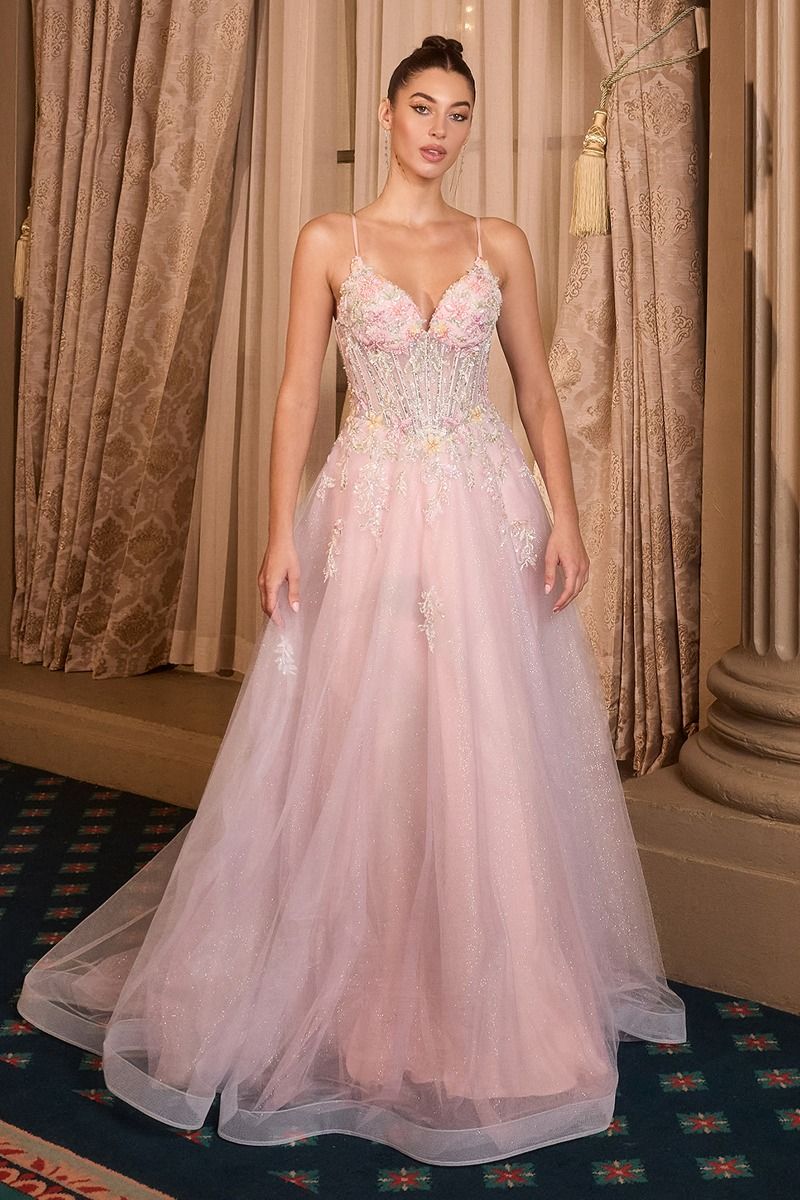 Floral Appliqué V-Neck Glitter Tulle Ball Gown Tux-USA