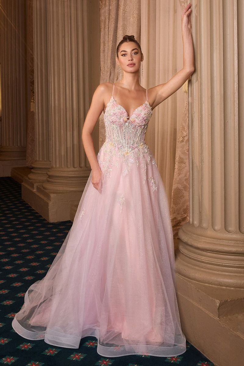 Floral Appliqué V-Neck Glitter Tulle Ball Gown Tux-USA