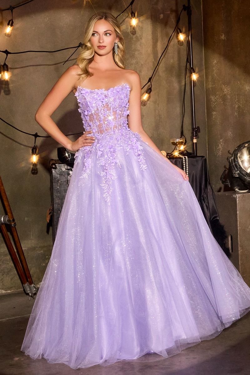 Floral Appliqué Scoop Neck Ball Gown with Shimmer Tulle Skirt Tux-USA
