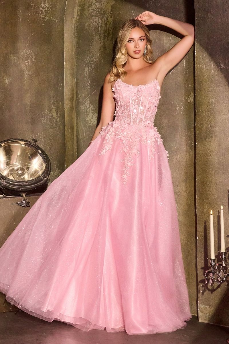 Floral Appliqué Scoop Neck Ball Gown with Shimmer Tulle Skirt Tux-USA