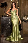 Ruched Satin Corset Gown With Floral Lace Detail Tux-USA