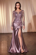 Lace Long Sleeve Satin Fitted Gown-0