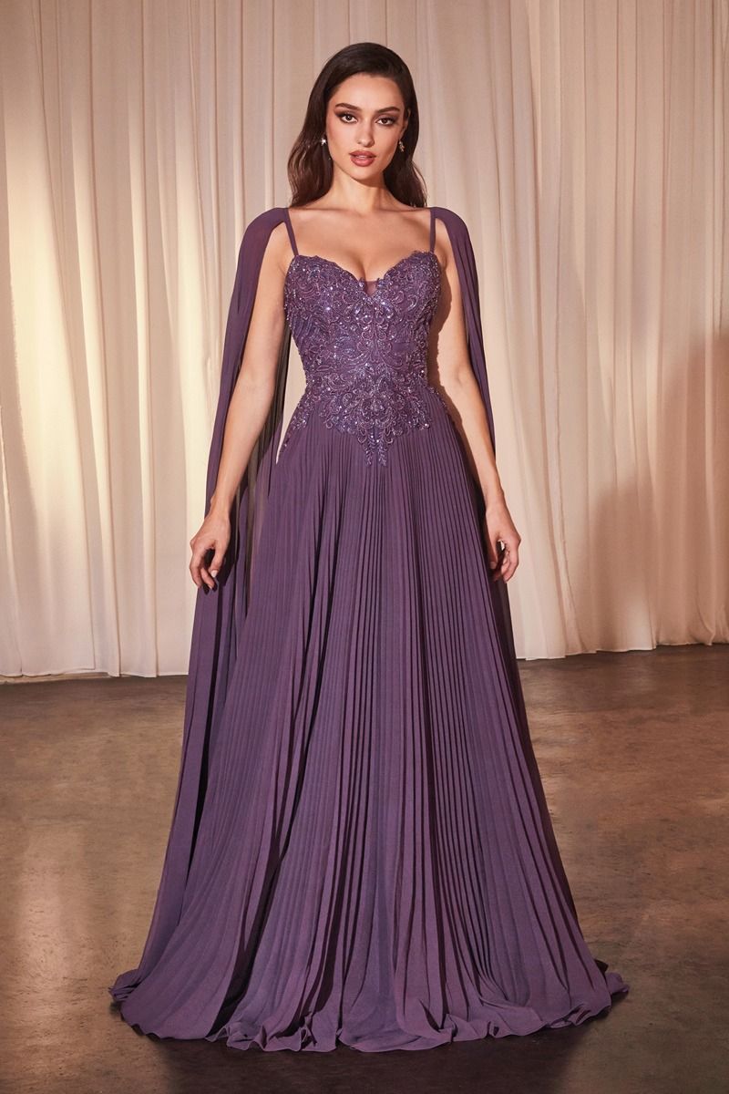 Pleated A-Line Gown With Cape Sleeves Tux-USA