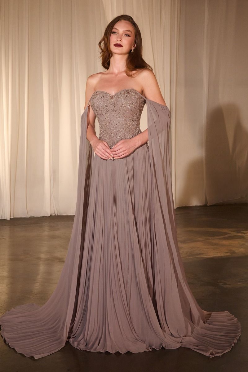Pleated A-Line Gown With Cape Sleeves Tux-USA
