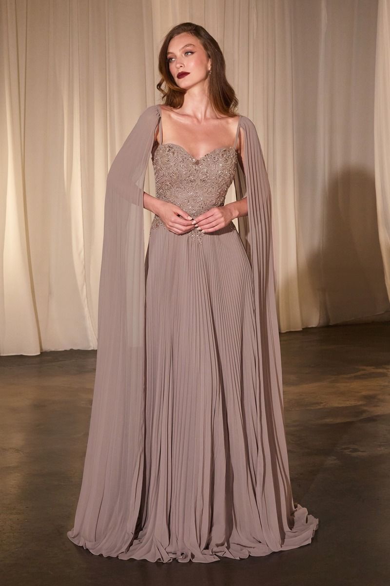 Pleated A-Line Gown With Cape Sleeves Tux-USA