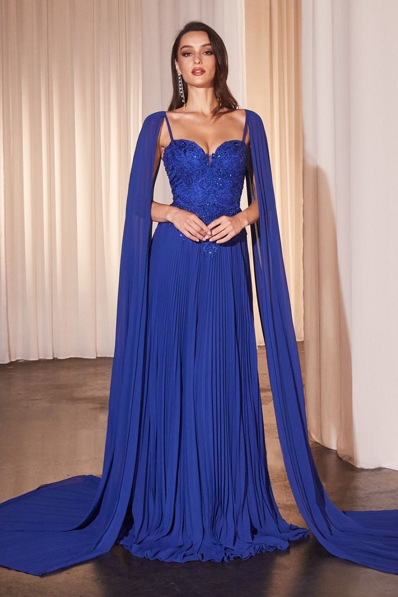 Pleated A-Line Gown With Cape Sleeves Tux-USA