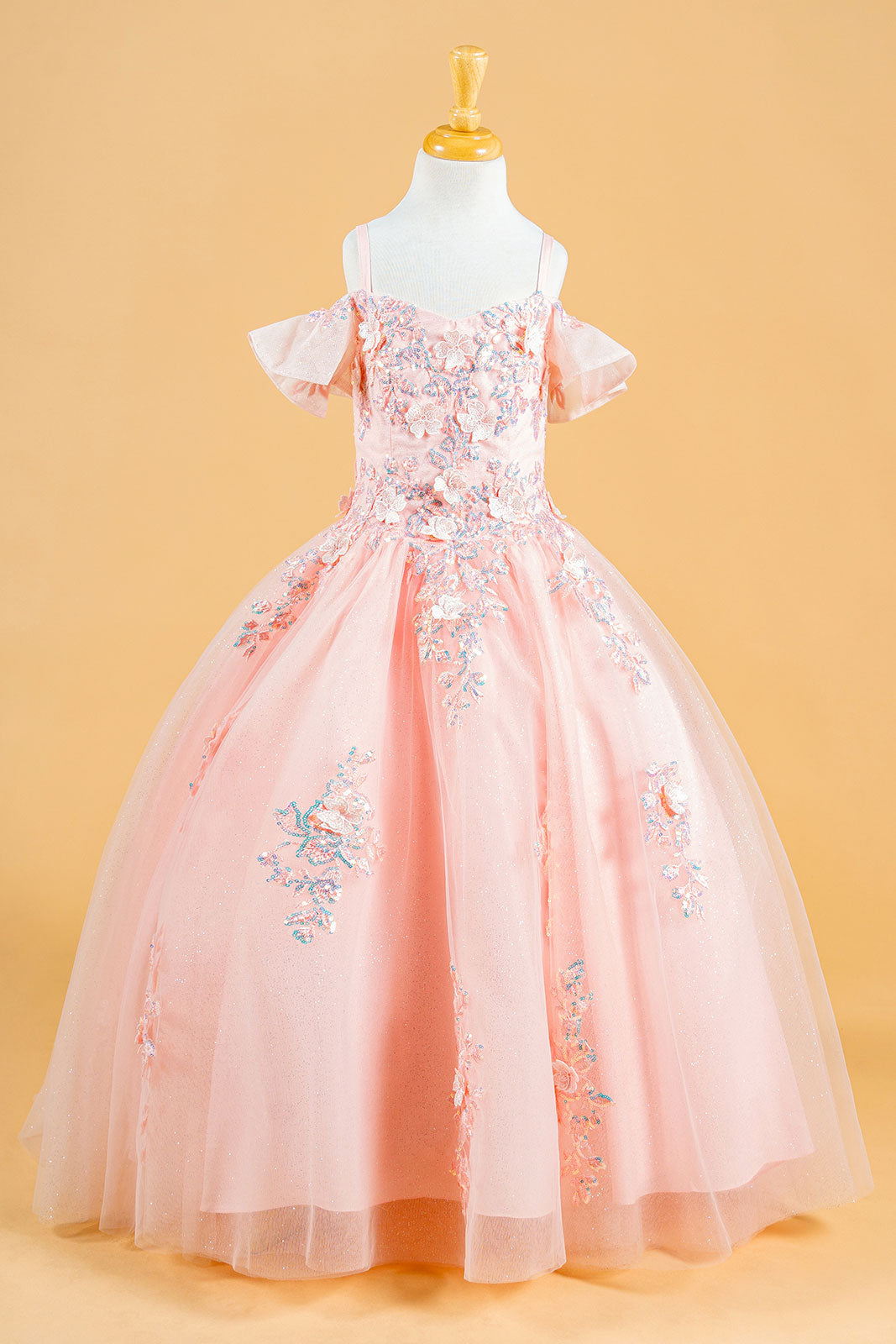 3D Flower Applique Sequins Embroidery Lace-Up Back Corset V-Neck Cold Shoulder Kids Dress Tux-USA