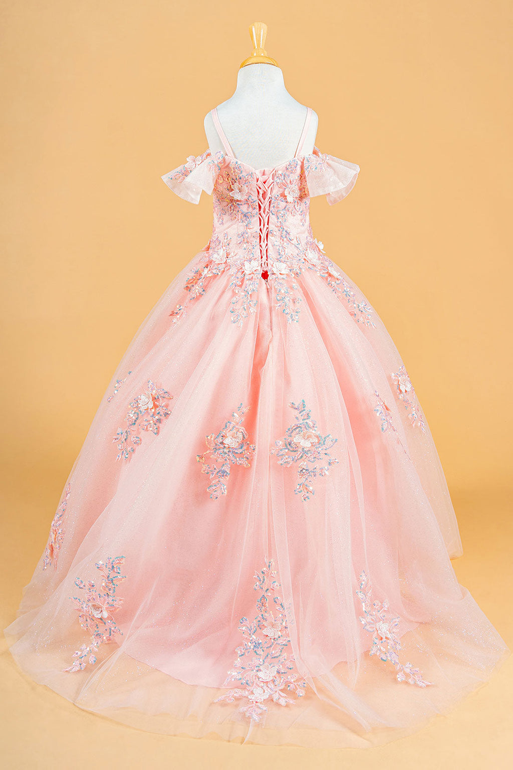 3D Flower Applique Sequins Embroidery Lace-Up Back Corset V-Neck Cold Shoulder Kids Dress Tux-USA