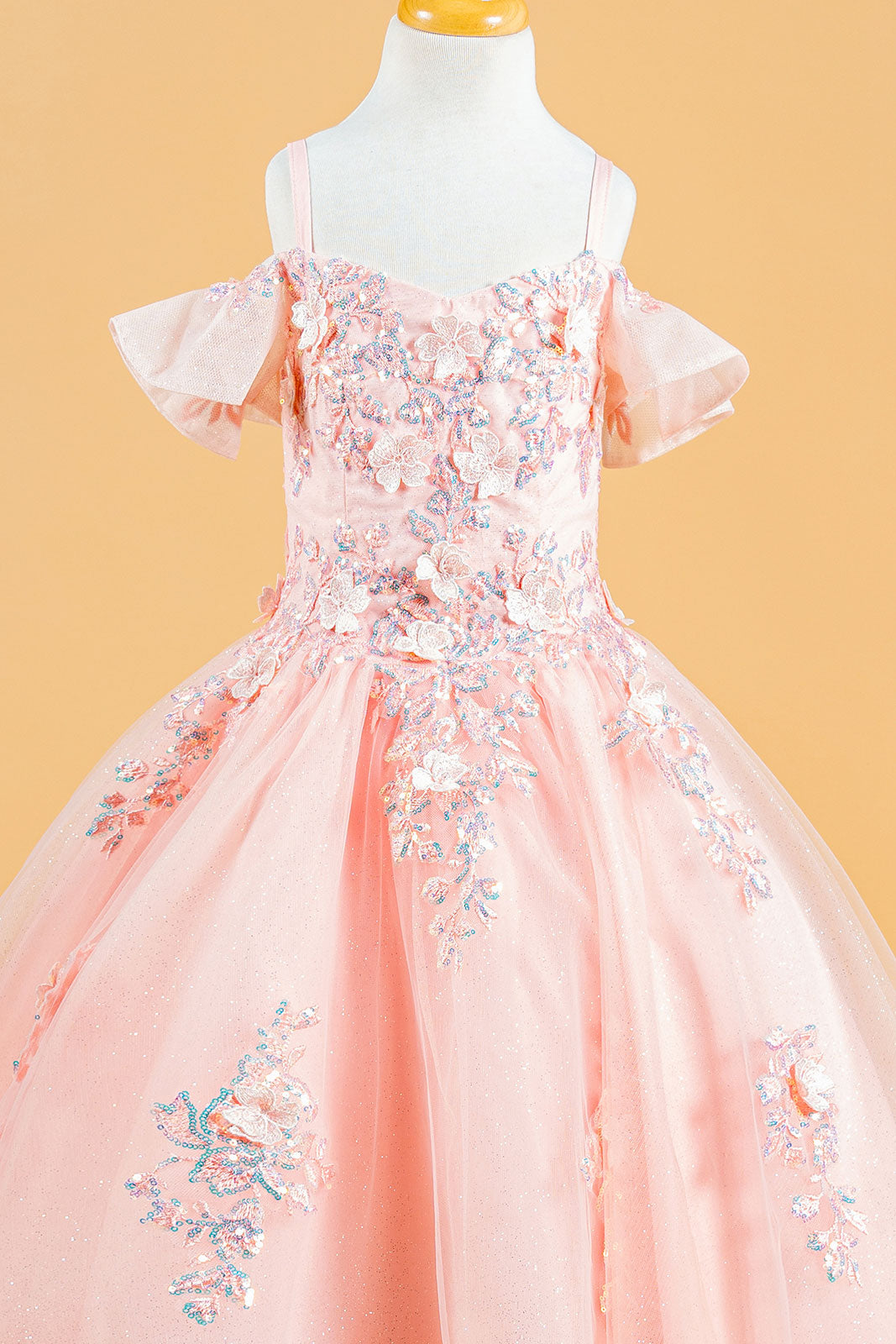 3D Flower Applique Sequins Embroidery Lace-Up Back Corset V-Neck Cold Shoulder Kids Dress Tux-USA