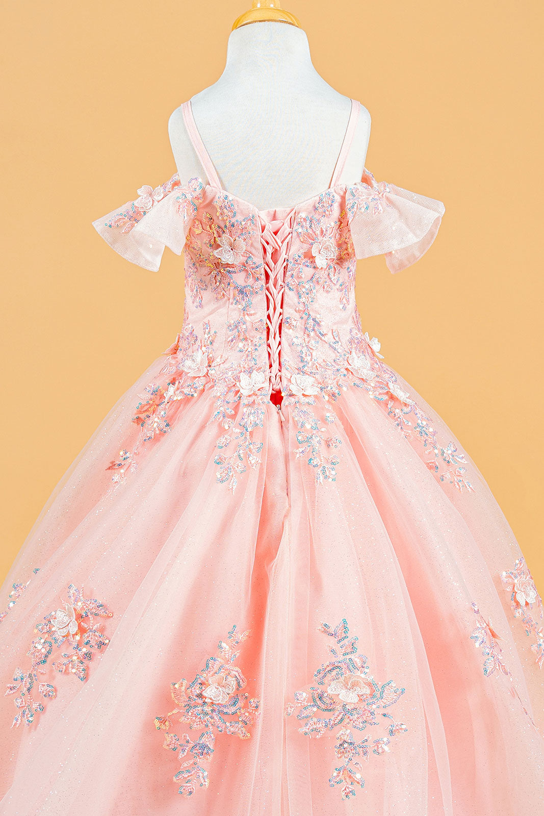 3D Flower Applique Sequins Embroidery Lace-Up Back Corset V-Neck Cold Shoulder Kids Dress Tux-USA