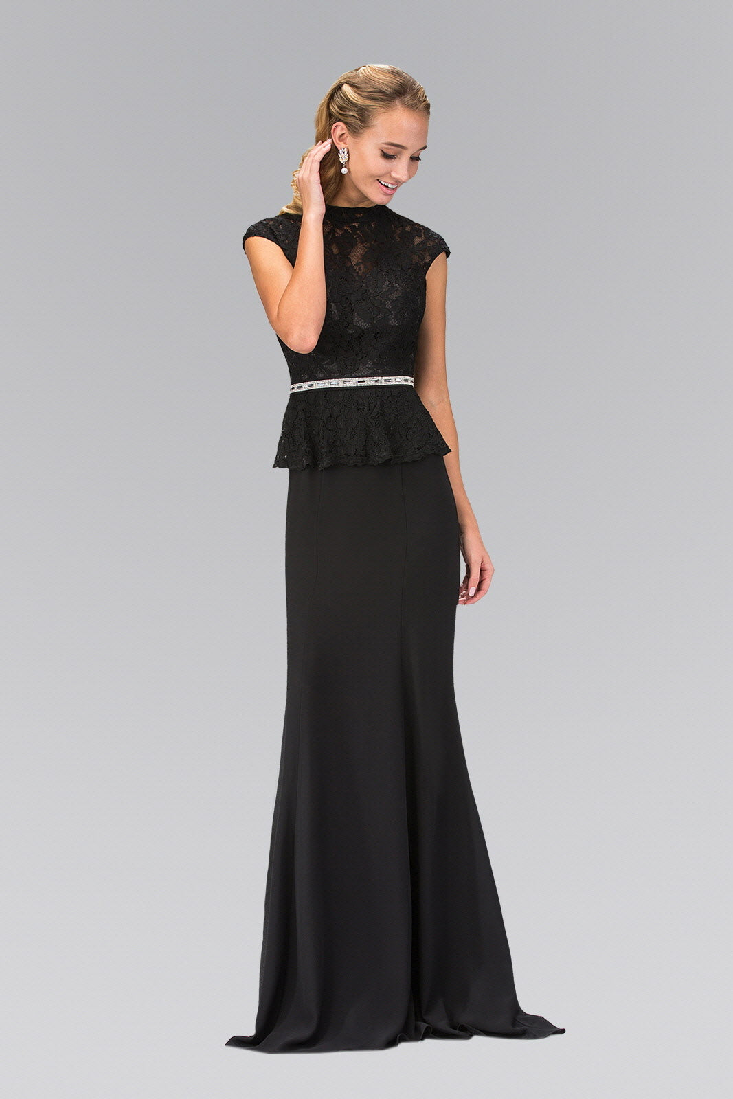 High Neck Cap Sleeve Peplum Long Dress Tux-USA