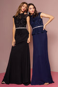 High Neck Cap Sleeve Peplum Long Dress Tux-USA