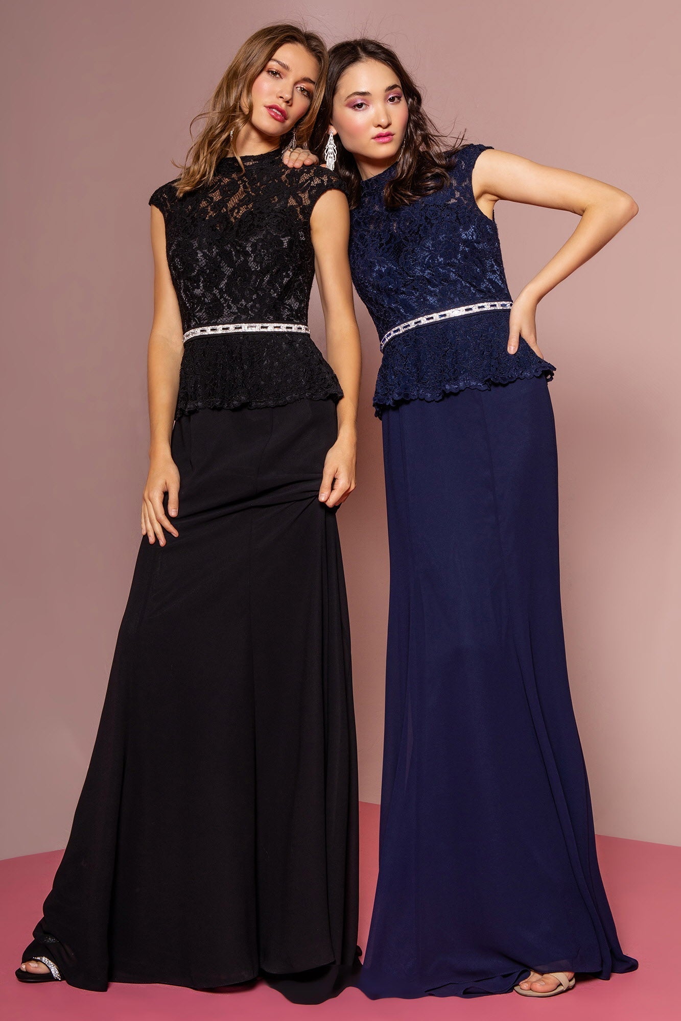 High Neck Cap Sleeve Peplum Long Dress Tux-USA