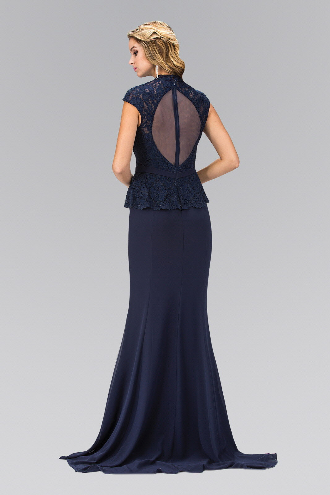 High Neck Cap Sleeve Peplum Long Dress Tux-USA