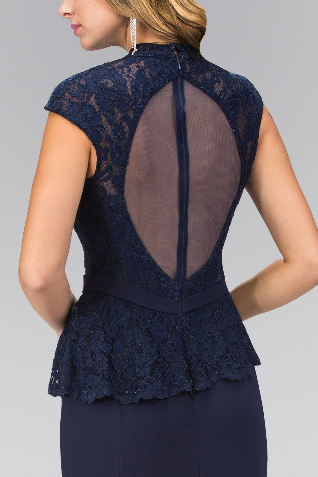 High Neck Cap Sleeve Peplum Long Dress Tux-USA