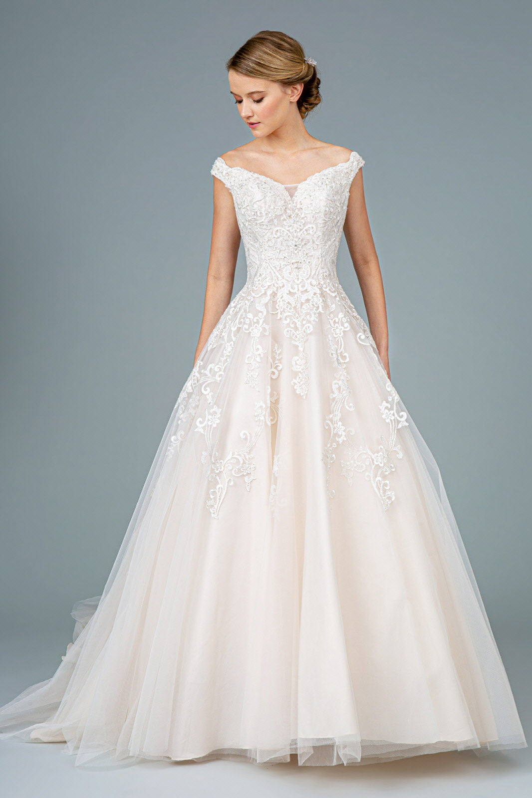 Embroidery Embellished Mesh A-Line Wedding Gown w/ Tail Tux-USA