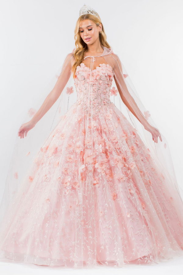 Sweetheart Neckline Beads and Jewel Embellished Bodice Quinceanera Dress w/ Mesh Cape Tux-USA