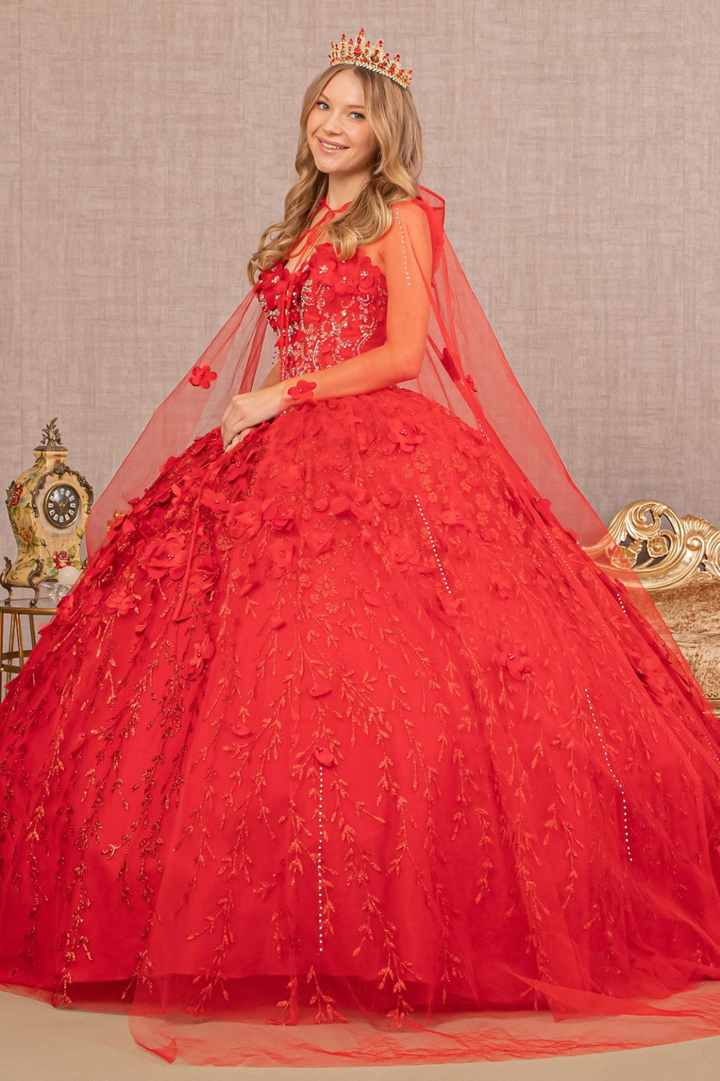 Sweetheart Neckline Beads and Jewel Embellished Bodice Quinceanera Dress w/ Mesh Cape Tux-USA