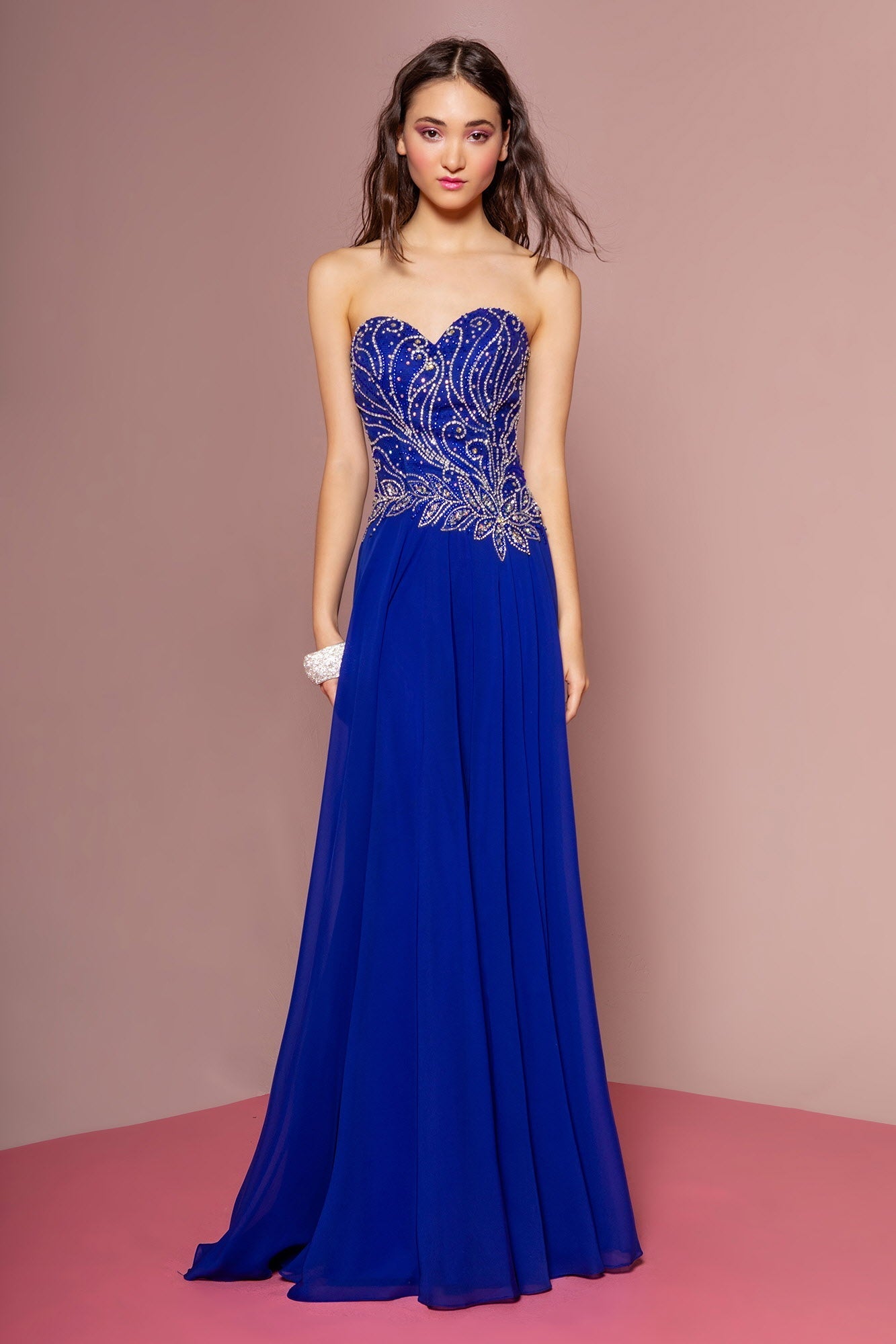 Strapless Sweetheart Chiffon Long Dress with Jewel Embellished Bodice Tux-USA