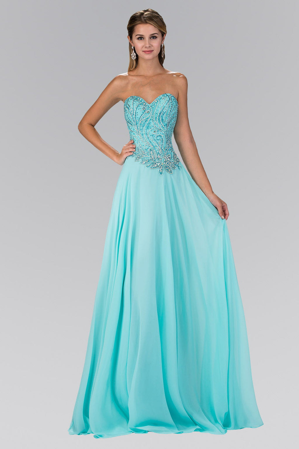 Strapless Sweetheart Chiffon Long Dress with Jewel Embellished Bodice Tux-USA
