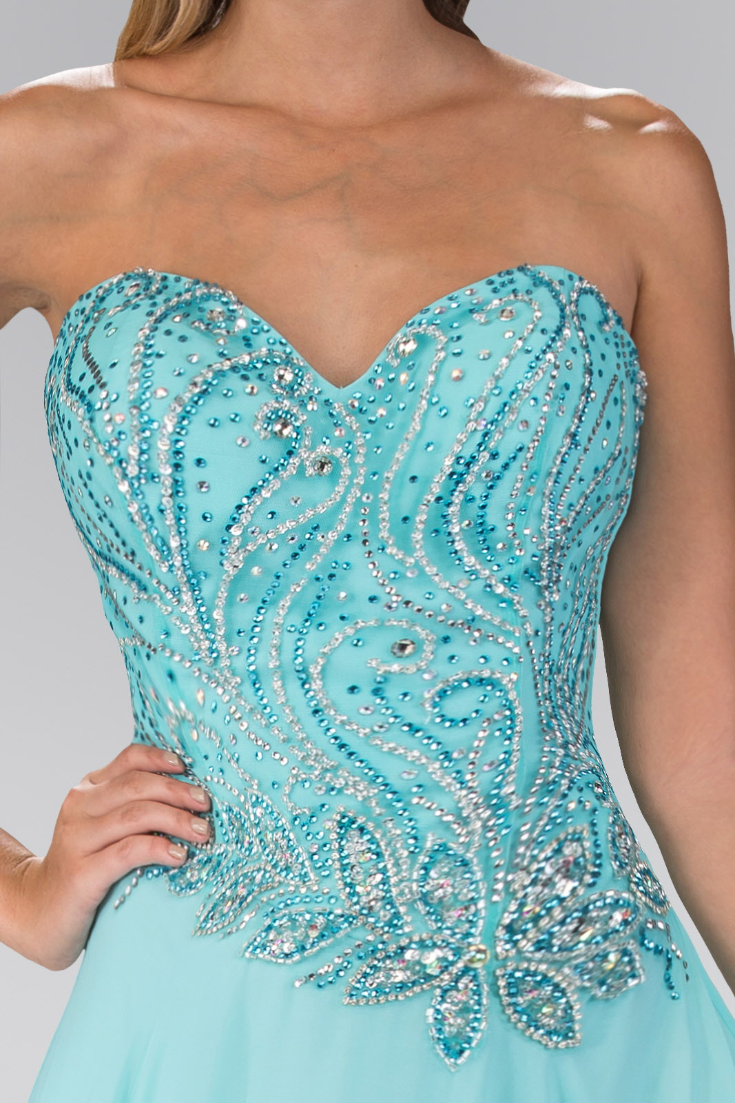 Strapless Sweetheart Chiffon Long Dress with Jewel Embellished Bodice Tux-USA