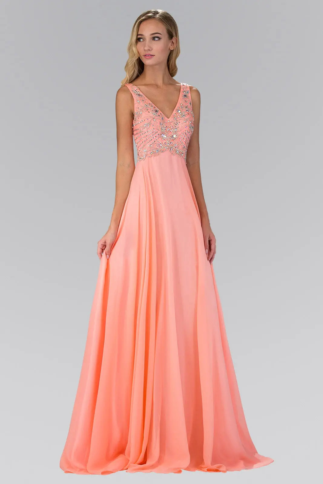 V Neck and Back Chiffon Floor Length Dress with Jewel and Sequin Bodice Tux-USA