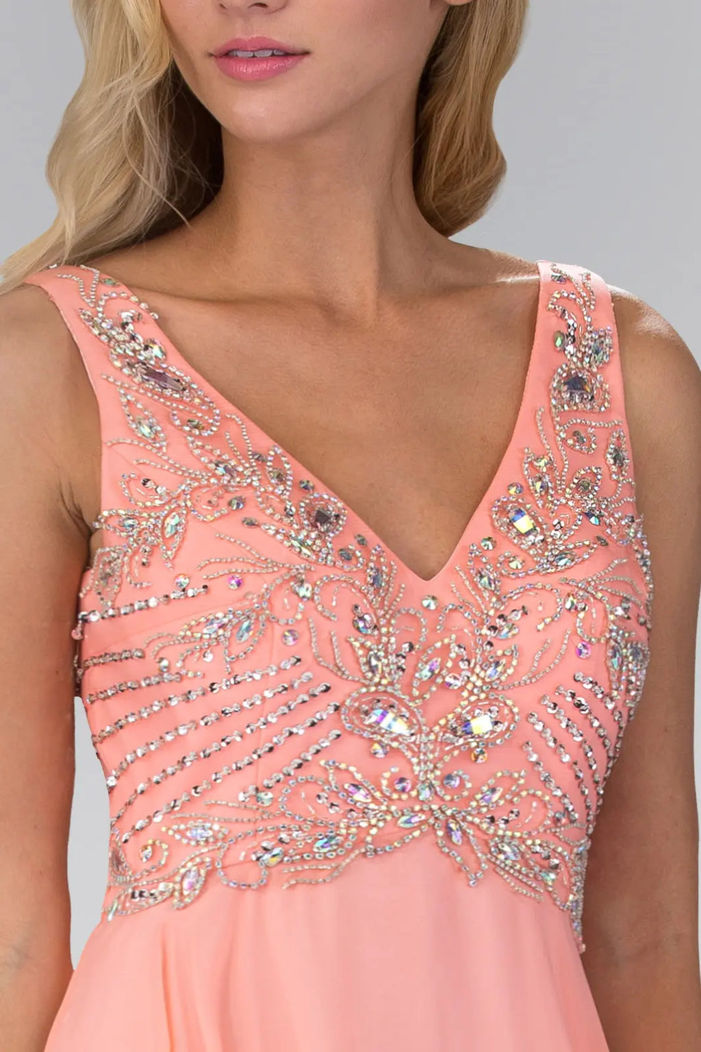 V Neck and Back Chiffon Floor Length Dress with Jewel and Sequin Bodice Tux-USA