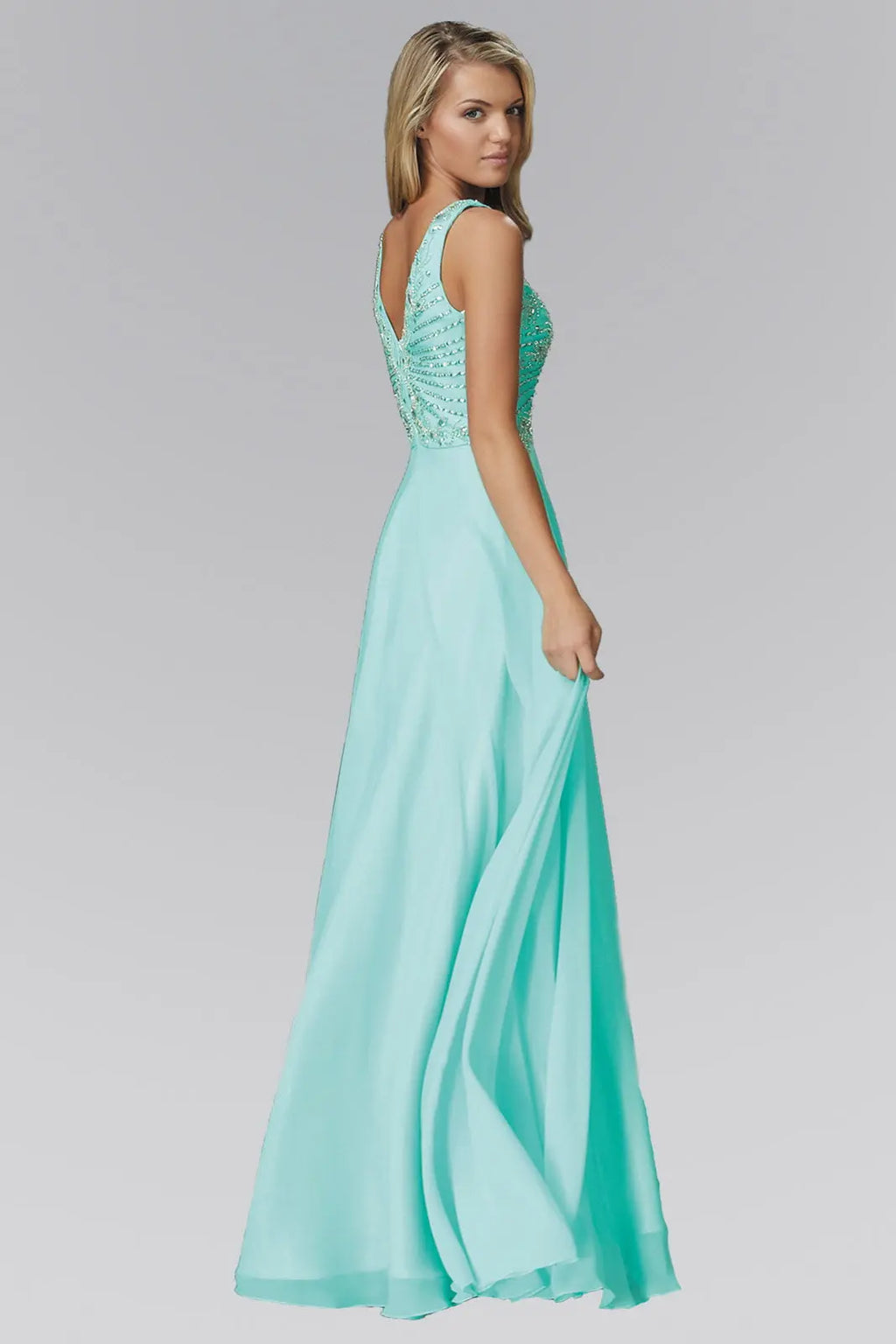 V Neck and Back Chiffon Floor Length Dress with Jewel and Sequin Bodice Tux-USA
