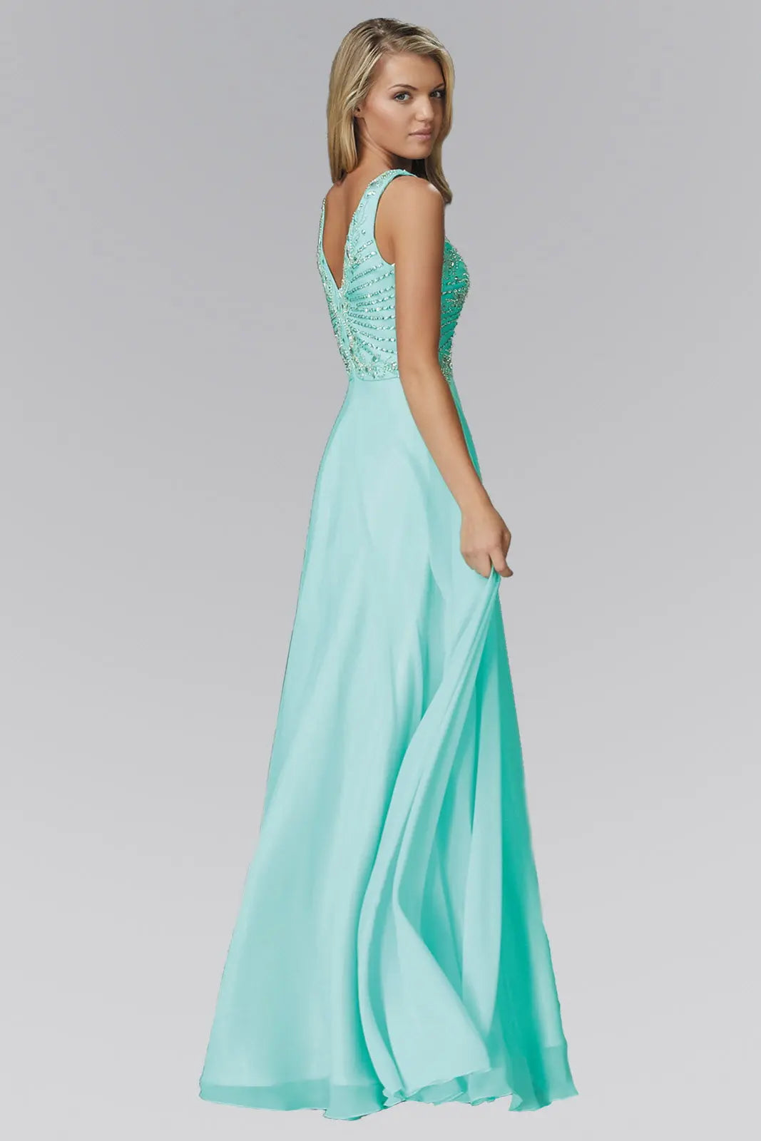 V Neck and Back Chiffon Floor Length Dress with Jewel and Sequin Bodice Tux-USA