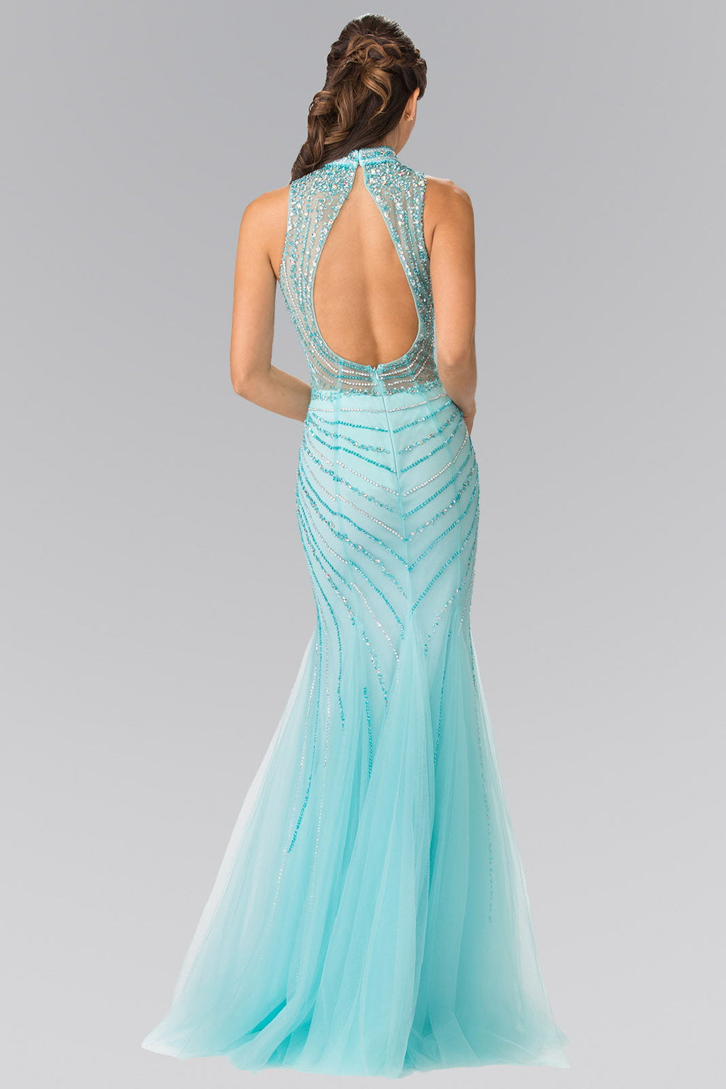Full Beaded Halter Neck Illusion Top Dress with Open Back Tux-USA