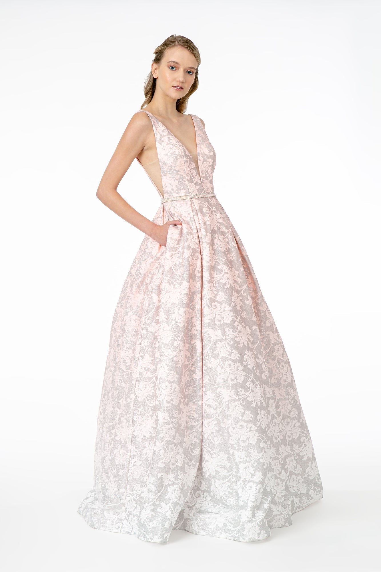 Illusion Deep V-Neck A-Line Long Dress w/ V-Back Tux-USA