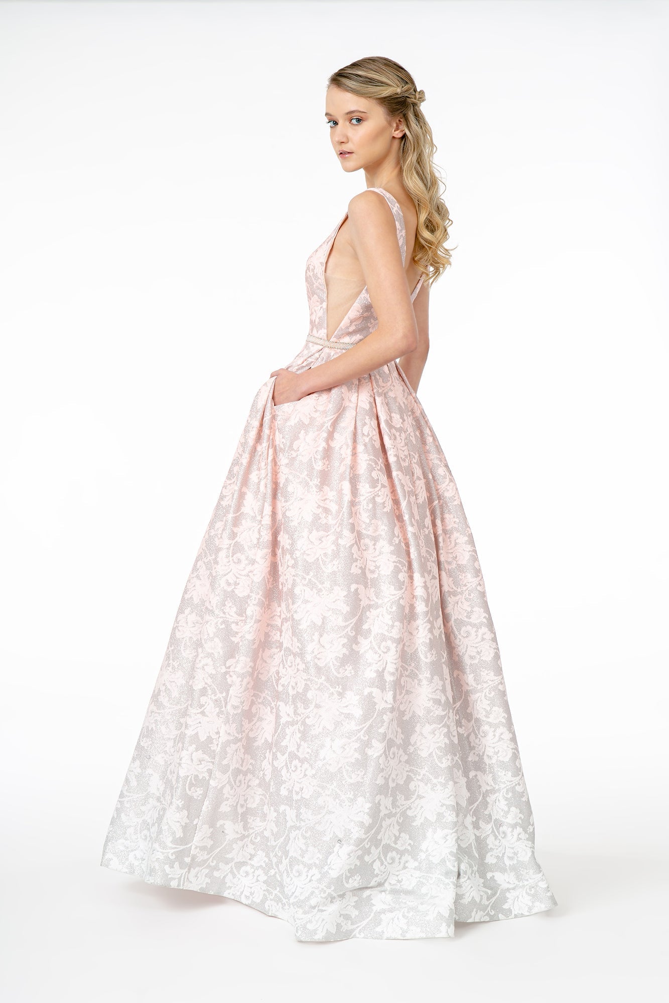 Illusion Deep V-Neck A-Line Long Dress w/ V-Back Tux-USA