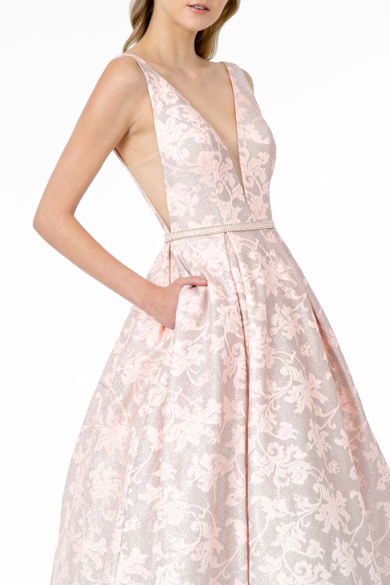 Illusion Deep V-Neck A-Line Long Dress w/ V-Back Tux-USA