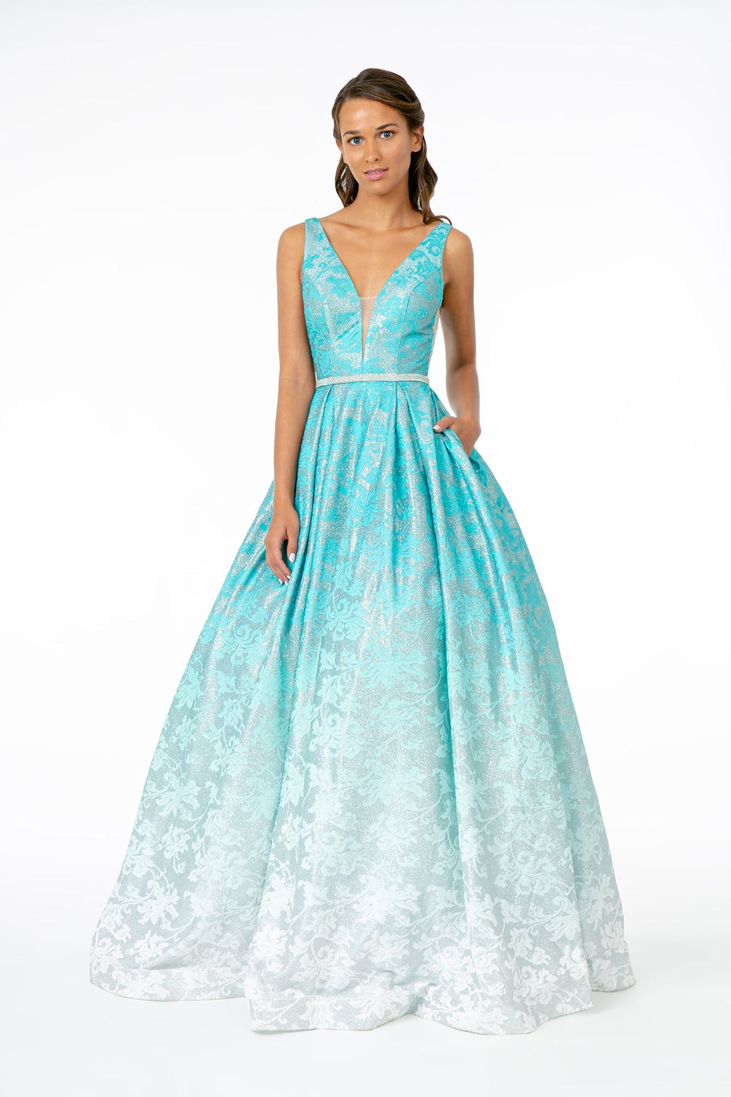 Illusion Deep V-Neck A-Line Long Dress w/ V-Back Tux-USA