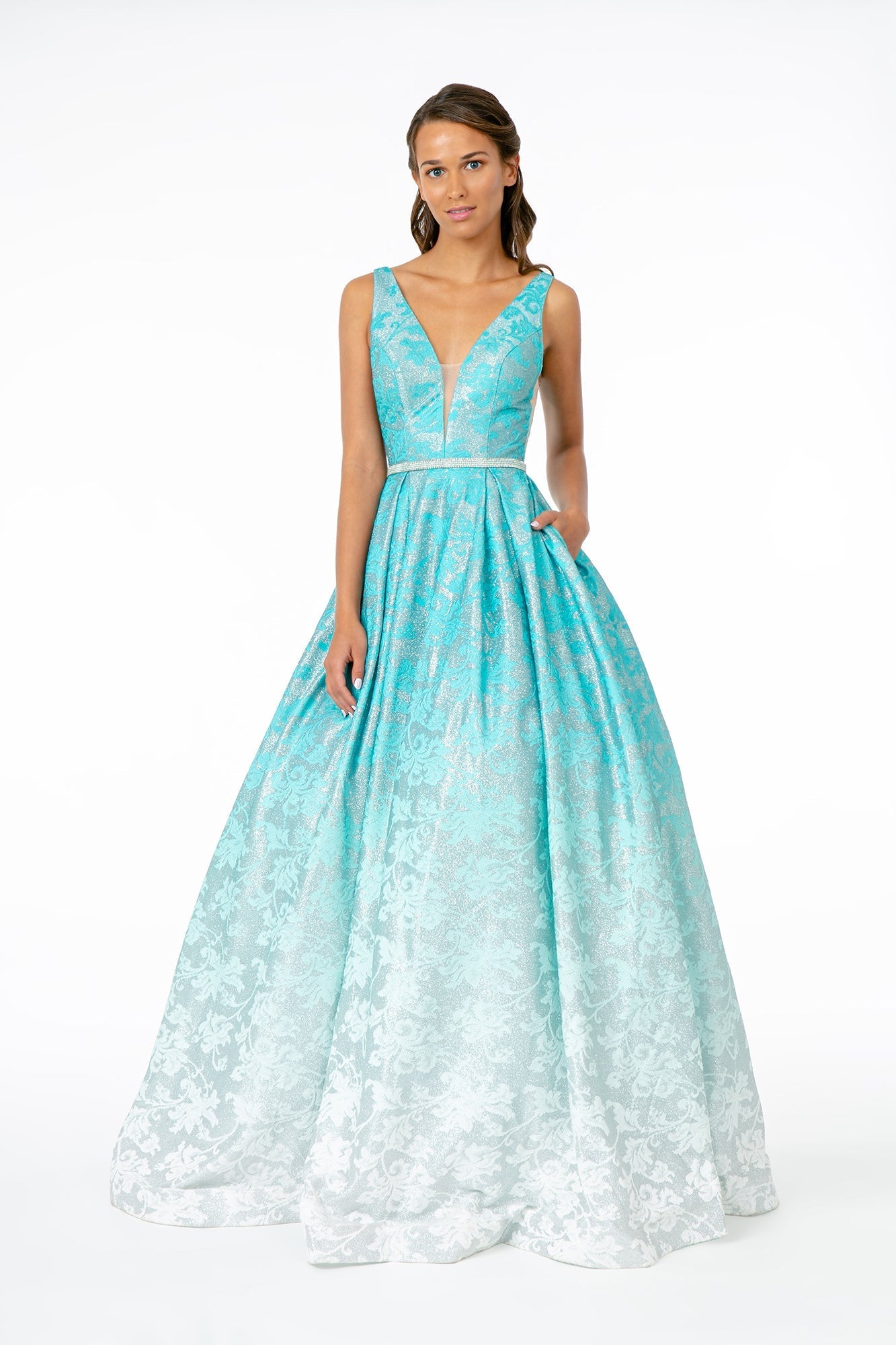 Illusion Deep V-Neck A-Line Long Dress w/ V-Back Tux-USA