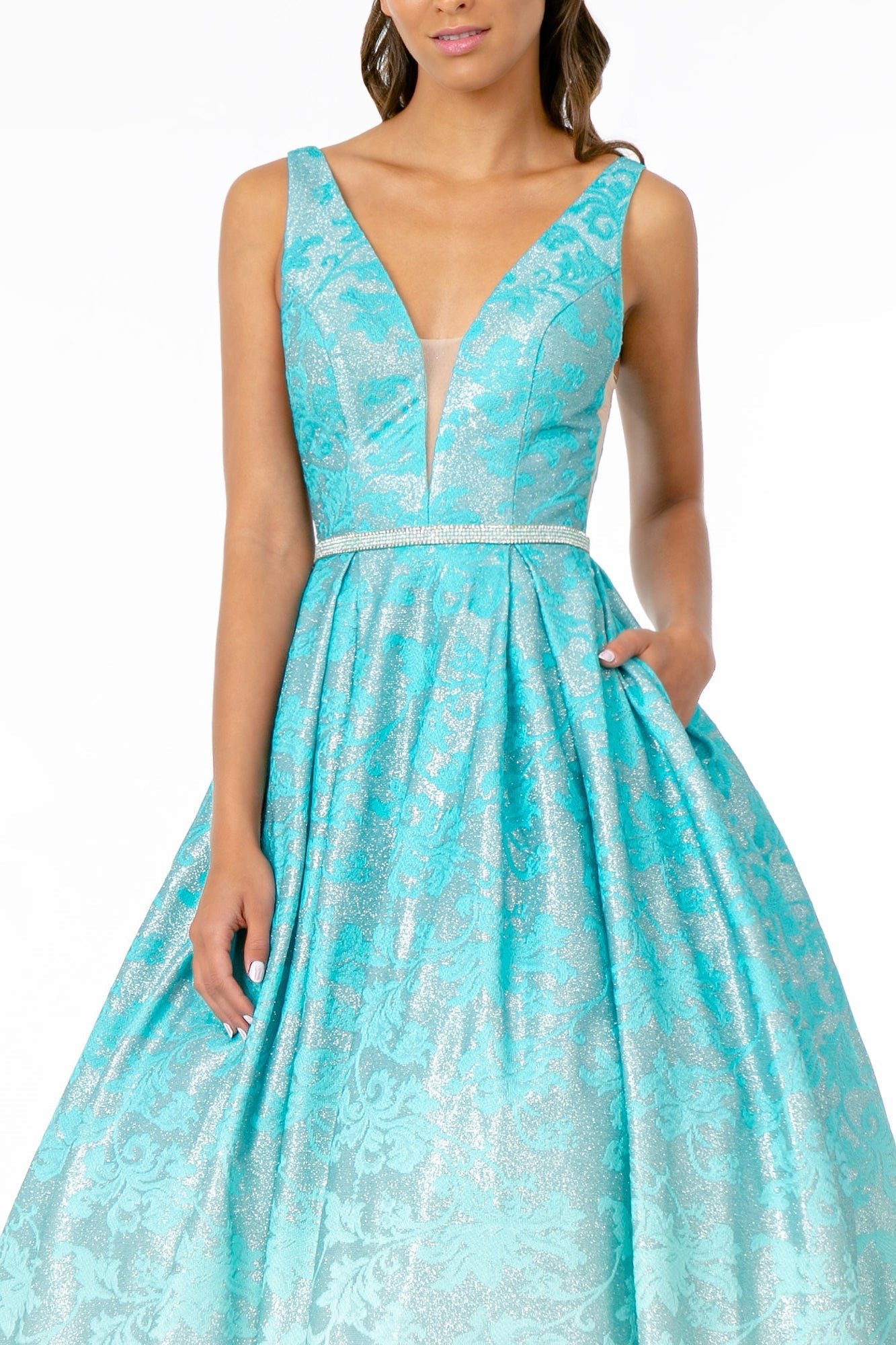 Illusion Deep V-Neck A-Line Long Dress w/ V-Back Tux-USA