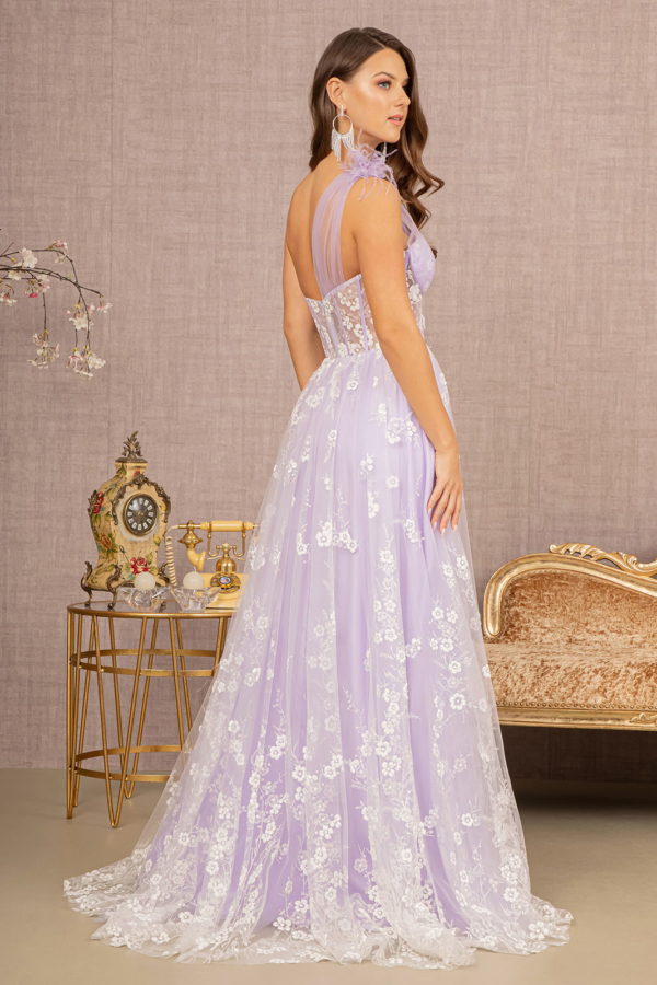 Feather Sheer Bodice Asymmetric A-line Dress w/ Flower Applique Tux-USA