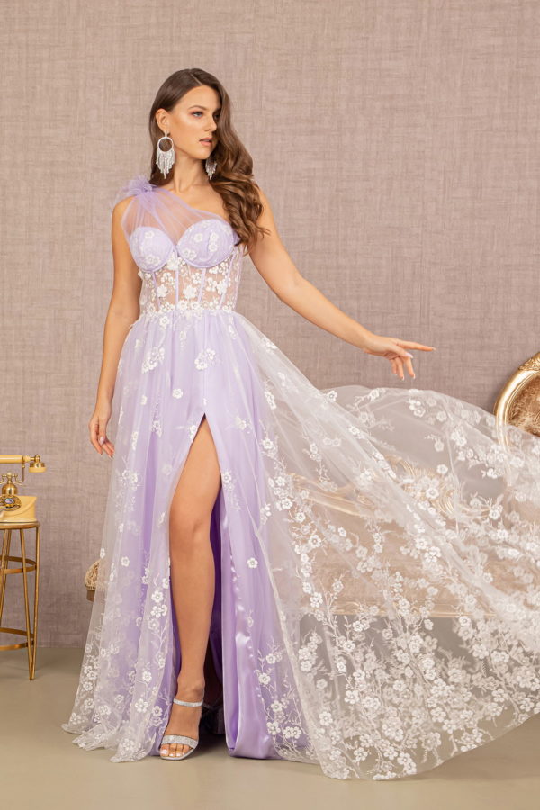 Feather Sheer Bodice Asymmetric A-line Dress w/ Flower Applique Tux-USA