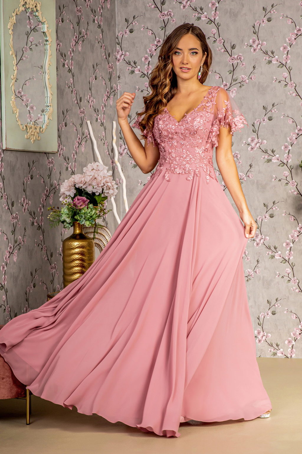 3-D Flower Embroidery Chiffon A-line Long Dress w/ Sheer Short Sleeves Tux-USA