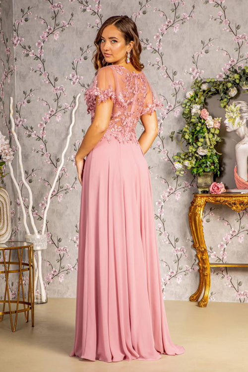3-D Flower Embroidery Chiffon A-line Long Dress w/ Sheer Short Sleeves Tux-USA