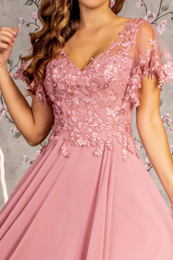 3-D Flower Embroidery Chiffon A-line Long Dress w/ Sheer Short Sleeves Tux-USA