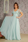 3-D Flower Embroidery Chiffon A-line Long Dress w/ Sheer Short Sleeves Tux-USA